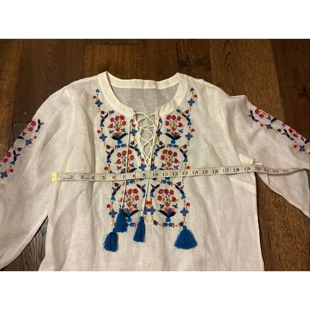 Tory Burch white linen swim cover up tunic M embroidered coastal beach